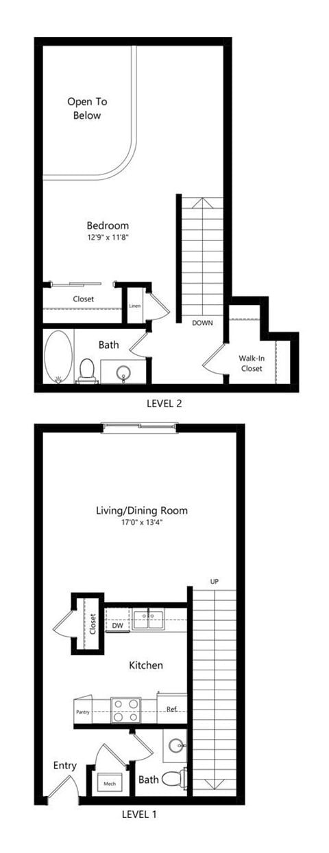 the 1-bedroom, 1-bathroom, 952 square feet Madison II loft-style floor plan at Pine Lake Heights apartments in Lincoln, NE